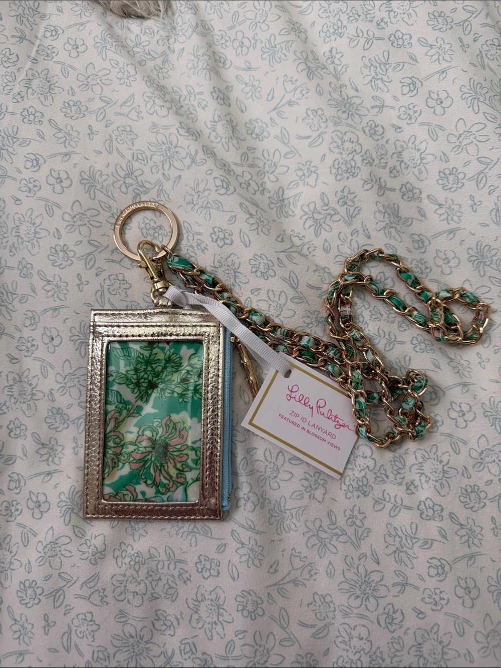 Lilly Pulitzer Mint Green Floral ID lanyard with Gold Chain